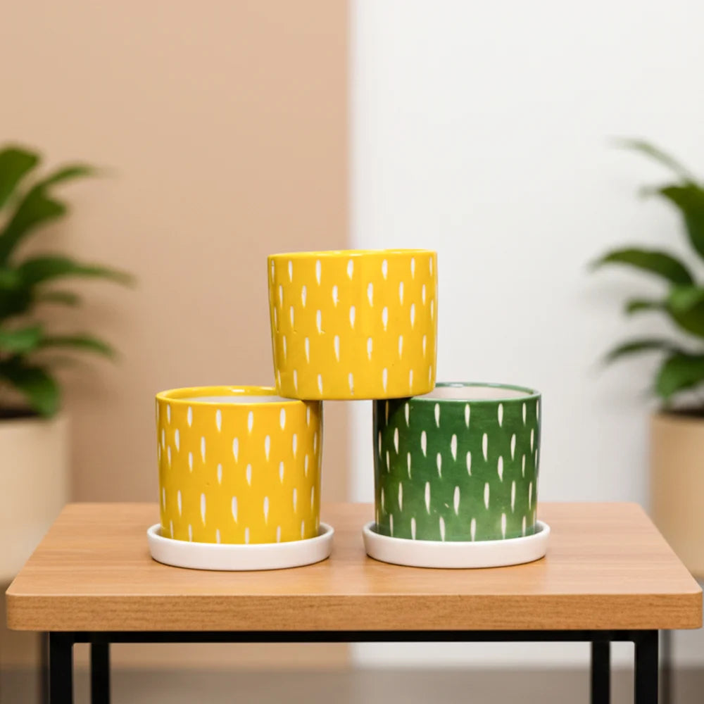 Emerald Whisper Ceramic Pipe Pot – Premium Yellow & Green Planter Set (4.5″ x 4.5″, Set of 2)