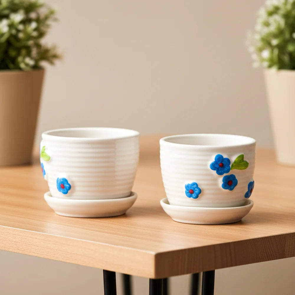 Flower Plate Ceramic Pot – Elegant White Decorative Planter (4.5″ x 3.5″, Set of 2)