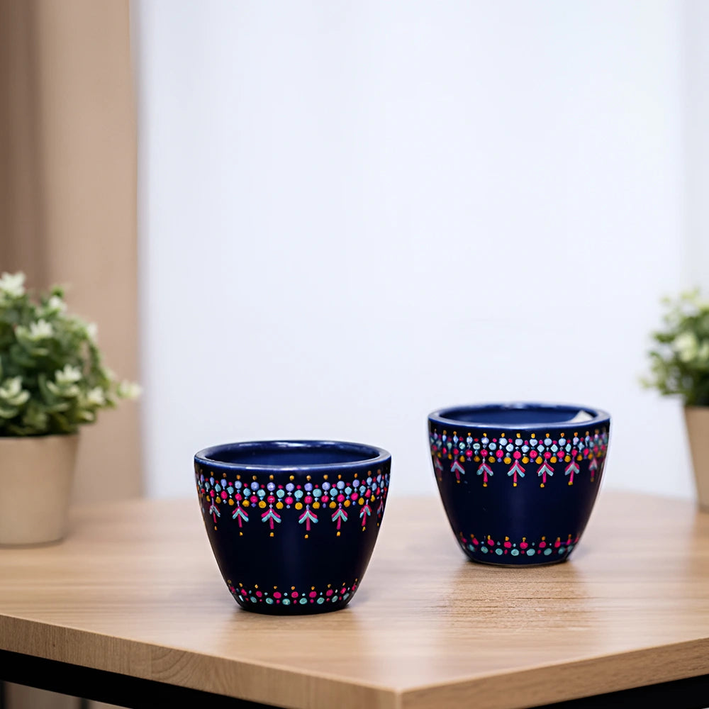 Oval Singar Ceramic Pot – Elegant Blue Decorative Planter (4″ x 3″, Set of 2)