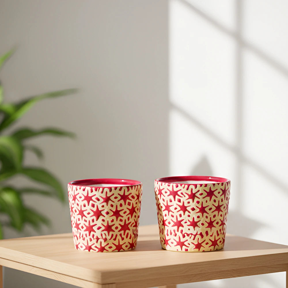 Pepsi Star Ceramic Pot – Stylish Red, White & Cream Decorative Planter (4.2″ x 4″, Set of 2)